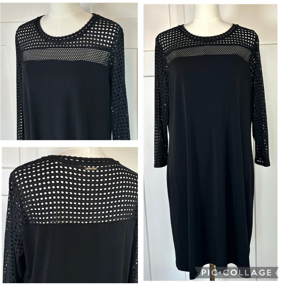 Michael Kors Women's XL Black Fishnet/Mesh Long Sleeve Knee-Length Sheath Dress